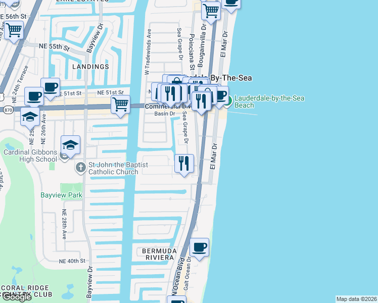 map of restaurants, bars, coffee shops, grocery stores, and more near 4229 Sea Grape Drive in Lauderdale-by-the-Sea