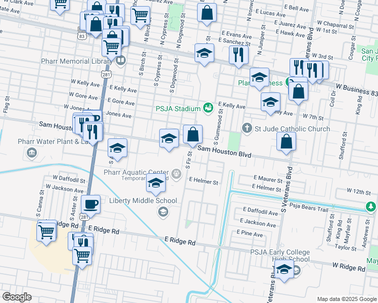 map of restaurants, bars, coffee shops, grocery stores, and more near 605 East Sam Houston Boulevard in Pharr