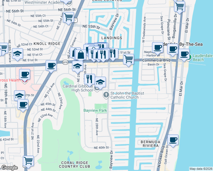 map of restaurants, bars, coffee shops, grocery stores, and more near 4721 Bayview Drive in Fort Lauderdale