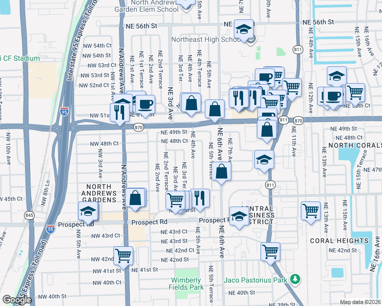 map of restaurants, bars, coffee shops, grocery stores, and more near 4801 Northeast 4th Avenue in Fort Lauderdale