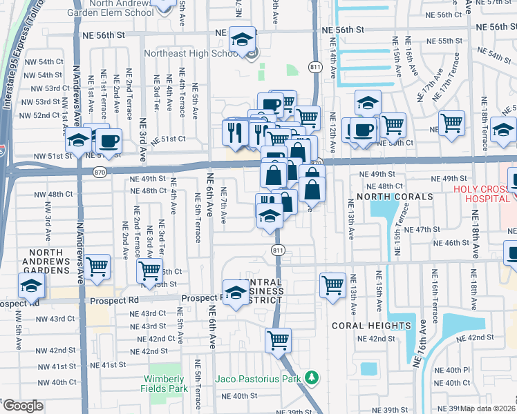 map of restaurants, bars, coffee shops, grocery stores, and more near 861 Northeast 48th Street in Oakland Park
