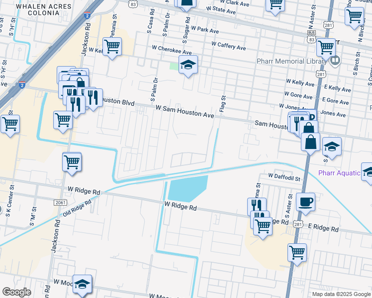 map of restaurants, bars, coffee shops, grocery stores, and more near 1004 Helmer Street in Pharr