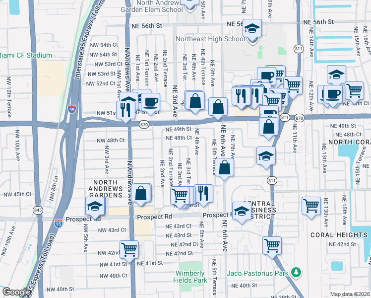 map of restaurants, bars, coffee shops, grocery stores, and more near 349 Northeast 48th Street in Fort Lauderdale