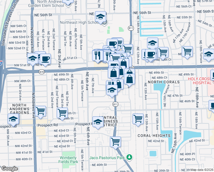 map of restaurants, bars, coffee shops, grocery stores, and more near 861 Northeast 48th Street in Oakland Park
