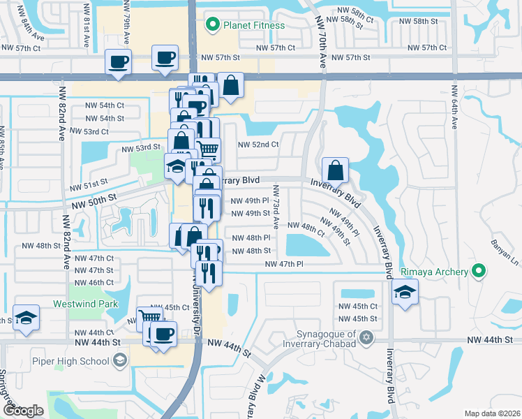 map of restaurants, bars, coffee shops, grocery stores, and more near 7389 Northwest 49th Place in Lauderhill