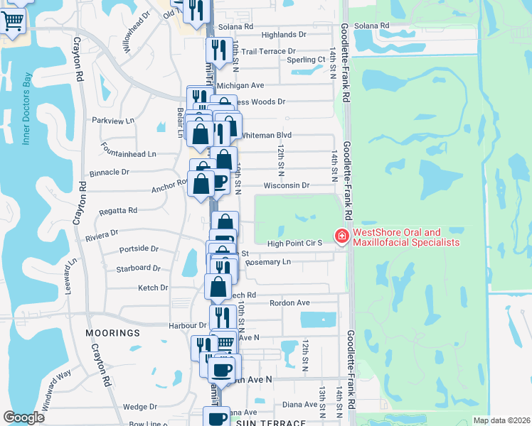 map of restaurants, bars, coffee shops, grocery stores, and more near 5 High Point Circle West in Naples