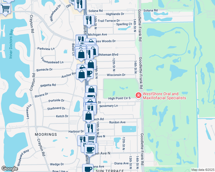 map of restaurants, bars, coffee shops, grocery stores, and more near 5 High Point Circle West in Naples
