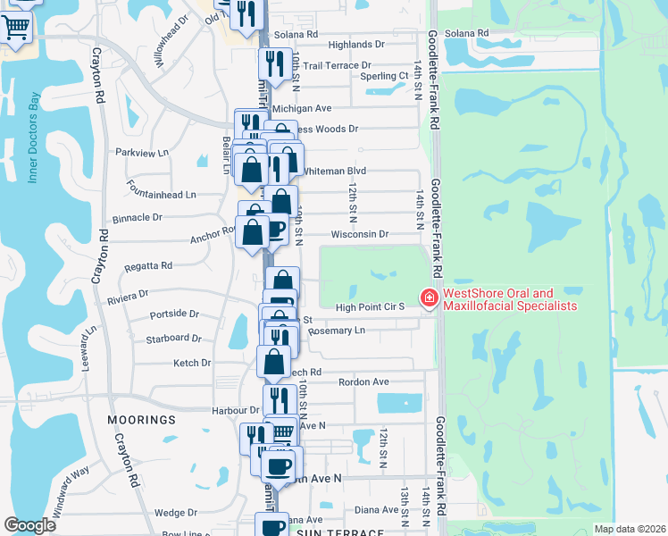 map of restaurants, bars, coffee shops, grocery stores, and more near 1 High Point Circle West in Naples