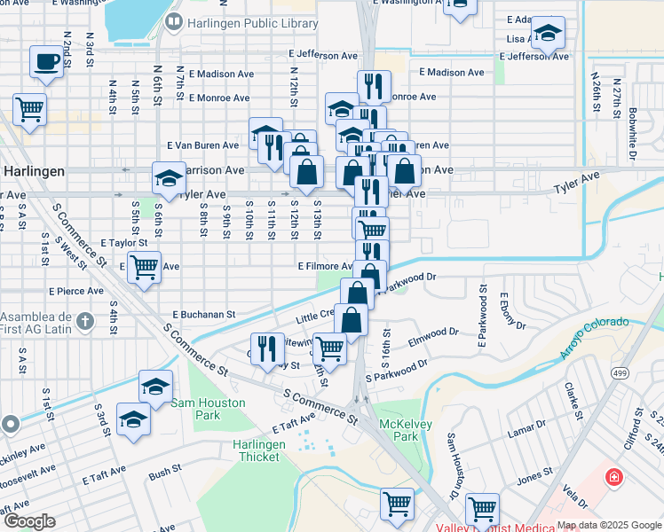 map of restaurants, bars, coffee shops, grocery stores, and more near 1309 East Filmore Avenue in Harlingen