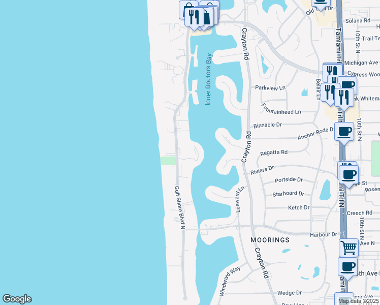map of restaurants, bars, coffee shops, grocery stores, and more near 3420 Gulf Shore Boulevard North in Naples