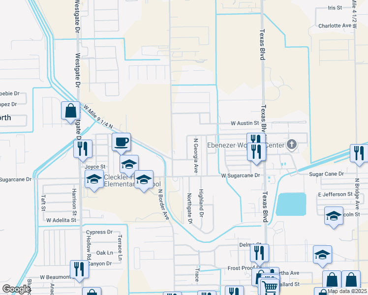map of restaurants, bars, coffee shops, grocery stores, and more near 2723 North Ohio Avenue in Weslaco