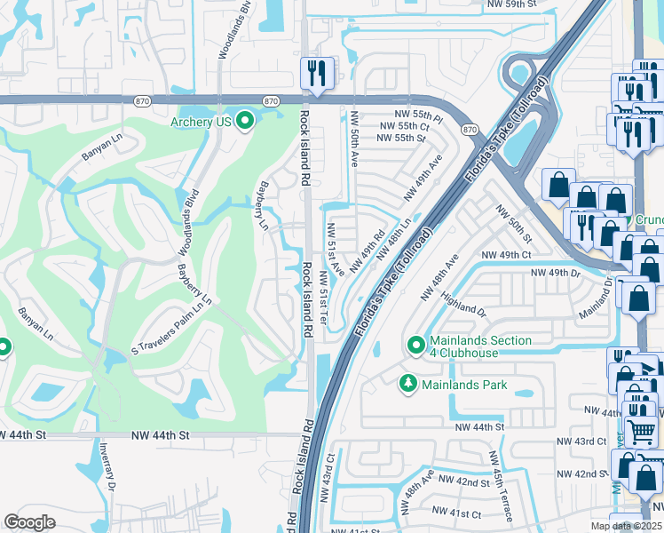 map of restaurants, bars, coffee shops, grocery stores, and more near 4920 Northwest 51st Avenue in Tamarac