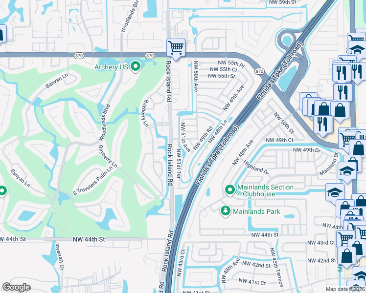 map of restaurants, bars, coffee shops, grocery stores, and more near 4920 Northwest 51st Avenue in Tamarac