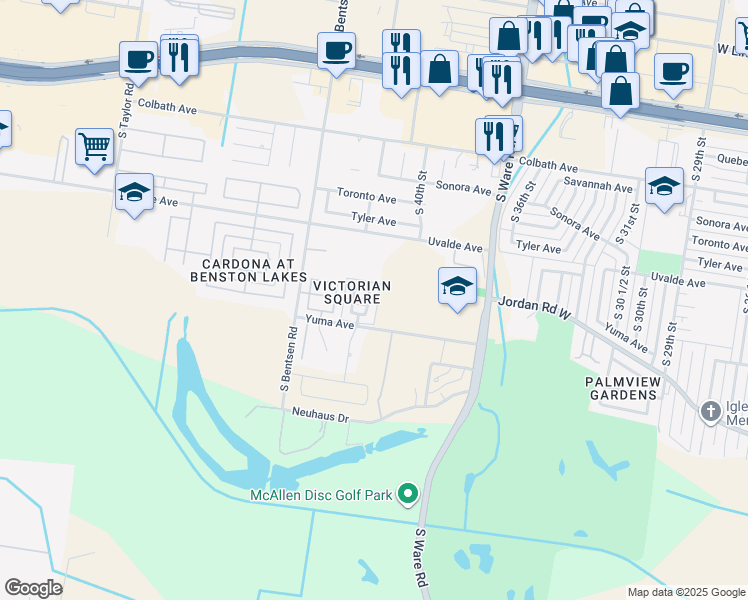 map of restaurants, bars, coffee shops, grocery stores, and more near 2305 South 41st Street in McAllen