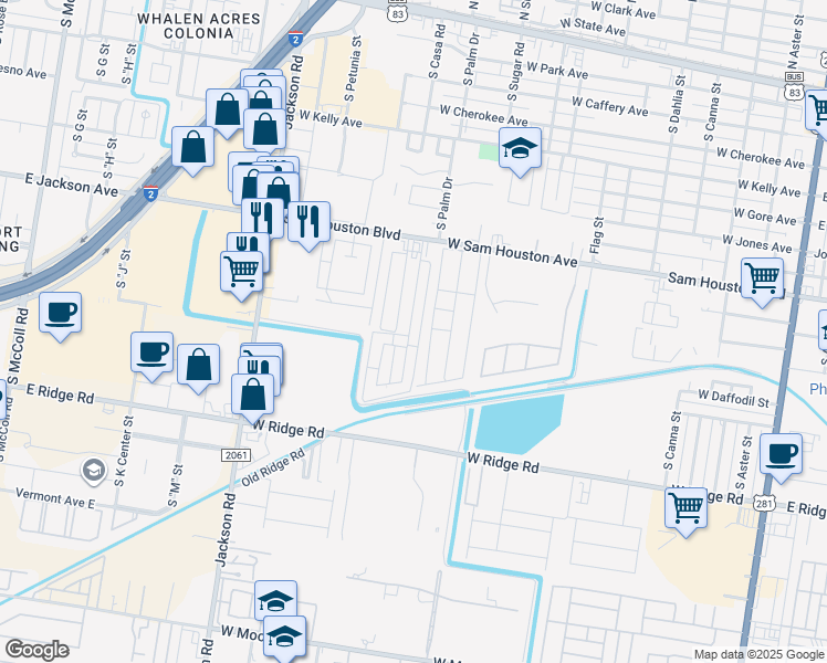 map of restaurants, bars, coffee shops, grocery stores, and more near 1102 South Casa Road in Pharr
