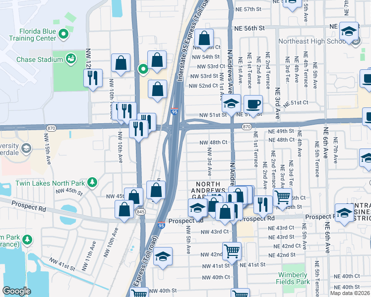map of restaurants, bars, coffee shops, grocery stores, and more near 515 Northwest 48th Street in Oakland Park