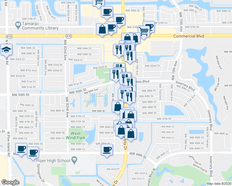 map of restaurants, bars, coffee shops, grocery stores, and more near 4919 North University Drive in Lauderhill