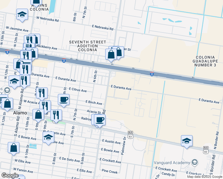 map of restaurants, bars, coffee shops, grocery stores, and more near 420 North Tower Road in Alamo