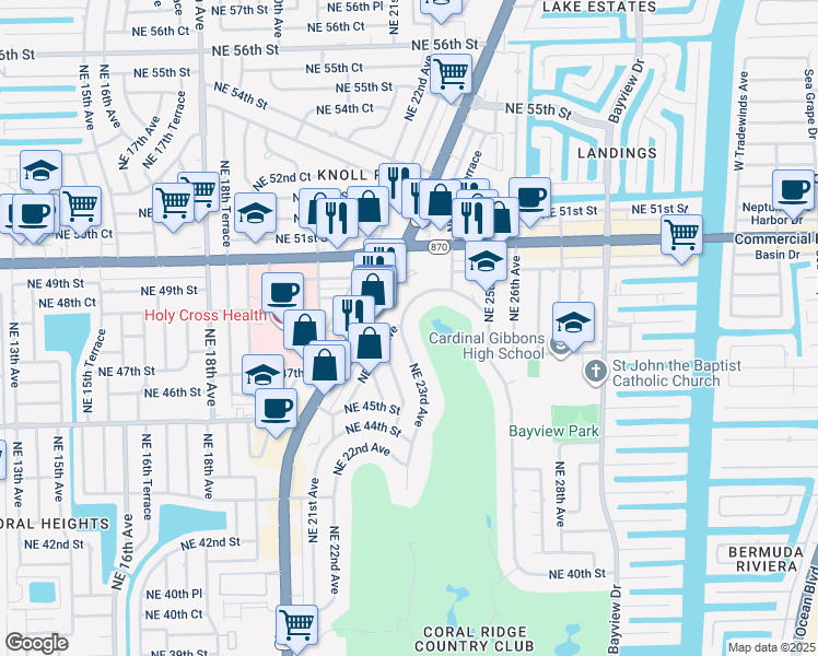 map of restaurants, bars, coffee shops, grocery stores, and more near 4819 Northeast 23rd Avenue in Fort Lauderdale
