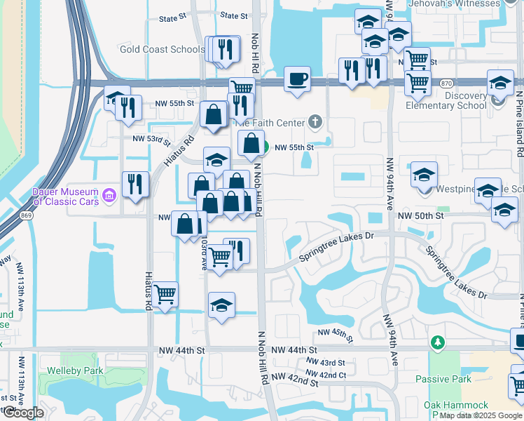map of restaurants, bars, coffee shops, grocery stores, and more near 10001 Northwest 50th Street in Sunrise