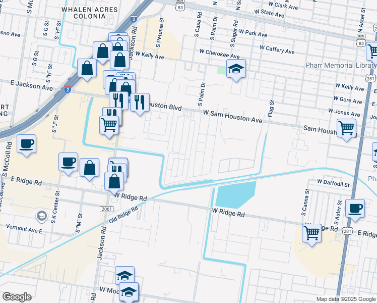 map of restaurants, bars, coffee shops, grocery stores, and more near 1102 South Casa Road in Pharr