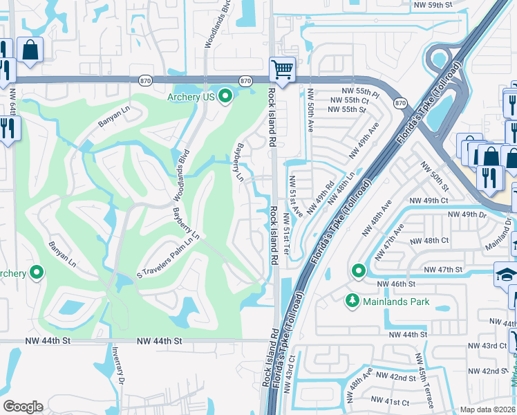 map of restaurants, bars, coffee shops, grocery stores, and more near 5001 Bayberry Lane in Tamarac