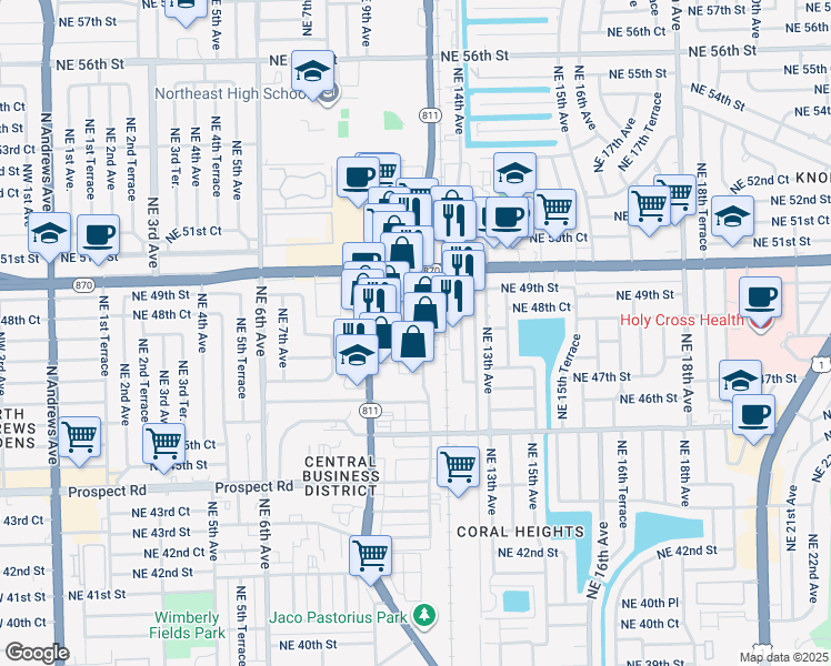 map of restaurants, bars, coffee shops, grocery stores, and more near 1072 Northeast 48th Court in Oakland Park