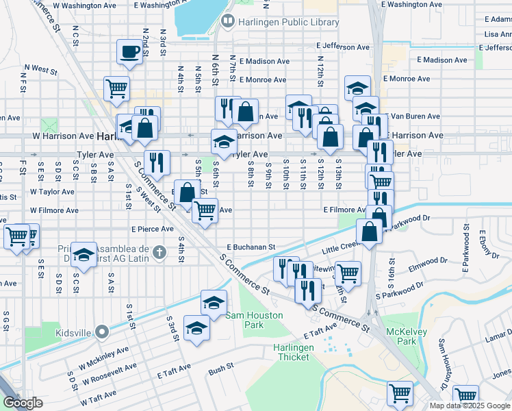 map of restaurants, bars, coffee shops, grocery stores, and more near 801 East Filmore Avenue in Harlingen