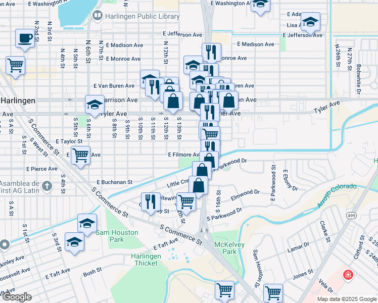 map of restaurants, bars, coffee shops, grocery stores, and more near 1309 East Filmore Avenue in Harlingen