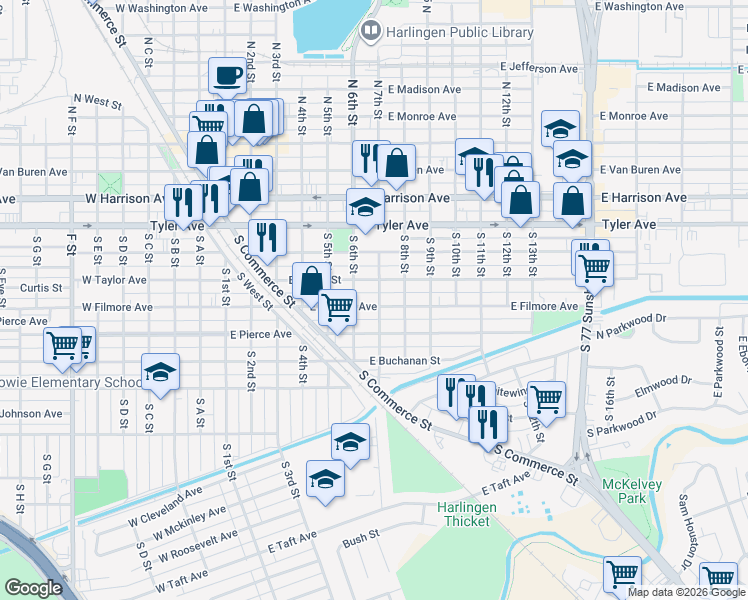 map of restaurants, bars, coffee shops, grocery stores, and more near 605 South 7th Street in Harlingen