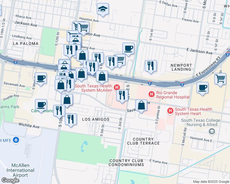 map of restaurants, bars, coffee shops, grocery stores, and more near 301 West Expressway 83 in McAllen