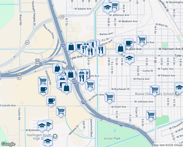 map of restaurants, bars, coffee shops, grocery stores, and more near 601 South P Street in Harlingen
