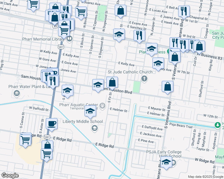 map of restaurants, bars, coffee shops, grocery stores, and more near 703 East Sam Houston Boulevard in Pharr