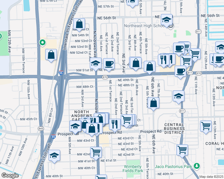 map of restaurants, bars, coffee shops, grocery stores, and more near 4830 Northeast 1st Terrace in Fort Lauderdale