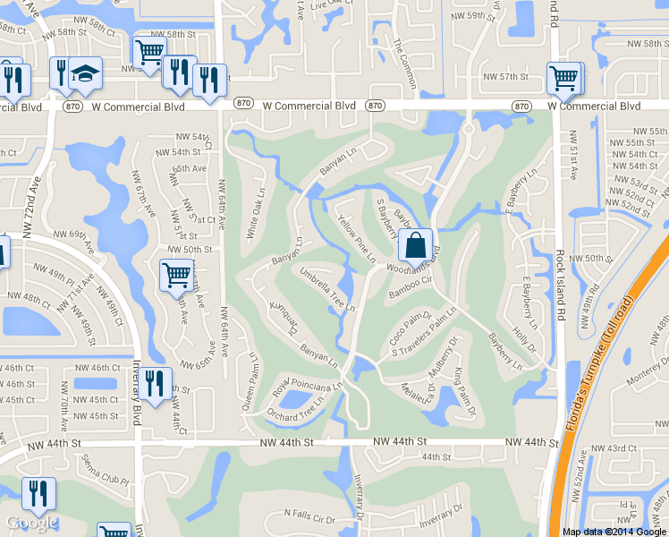 map of restaurants, bars, coffee shops, grocery stores, and more near 6003 Umbrella Tree Lane in Tamarac