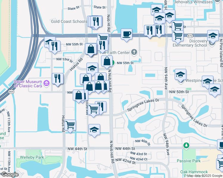 map of restaurants, bars, coffee shops, grocery stores, and more near 10001 Northwest 50th Street in Sunrise