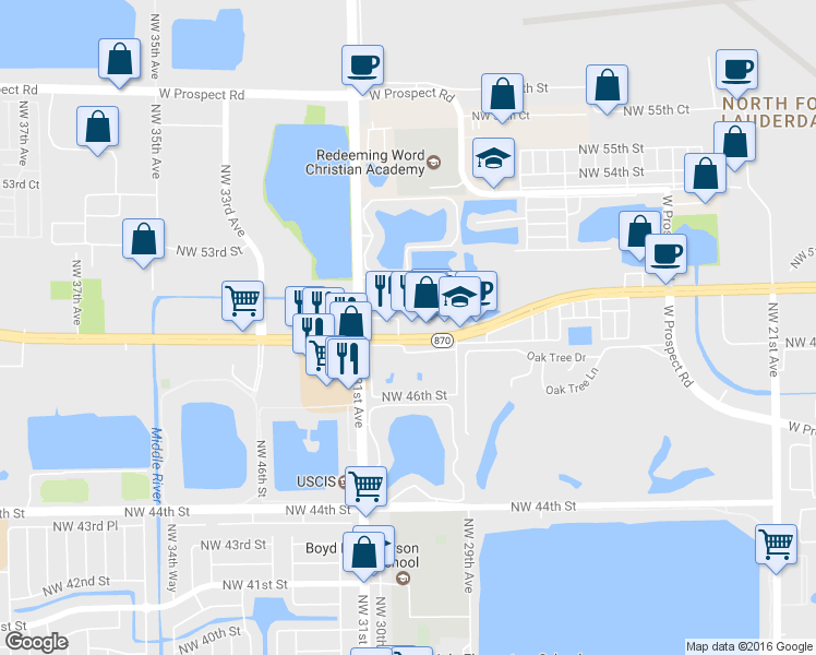 map of restaurants, bars, coffee shops, grocery stores, and more near 105 Northwest 50th Street in Tamarac