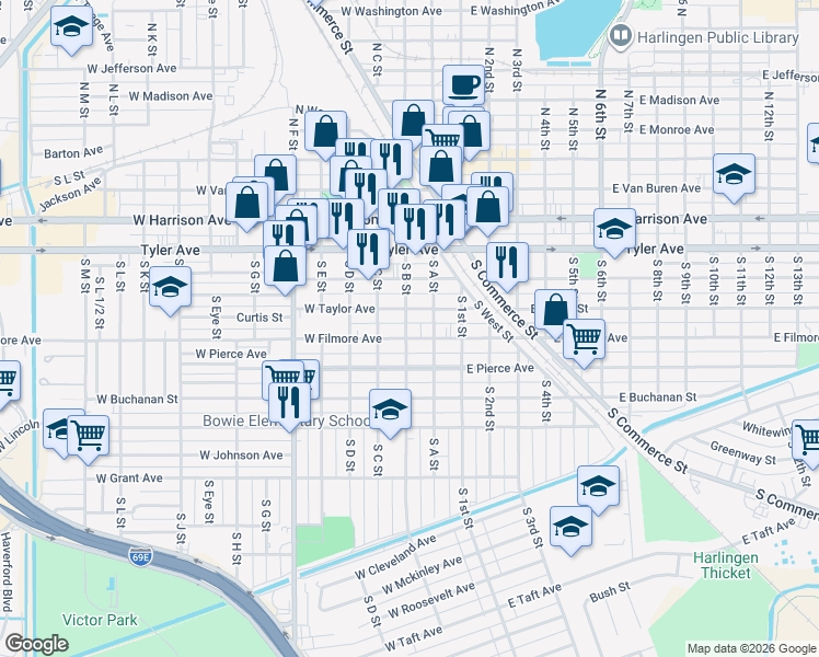 map of restaurants, bars, coffee shops, grocery stores, and more near 648-698 S B St in Harlingen