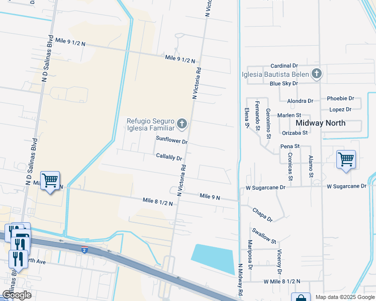 map of restaurants, bars, coffee shops, grocery stores, and more near 3010 North Victoria Road in Donna