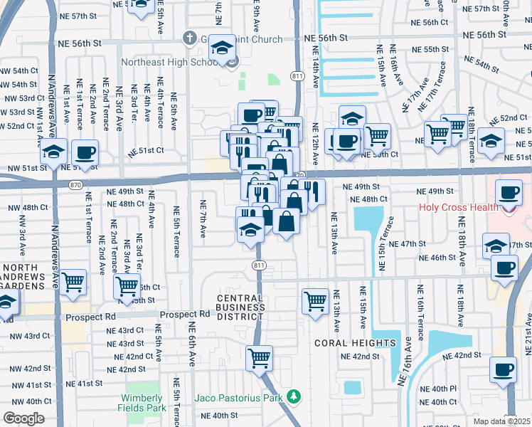 map of restaurants, bars, coffee shops, grocery stores, and more near 4892 Florida 811 in Oakland Park
