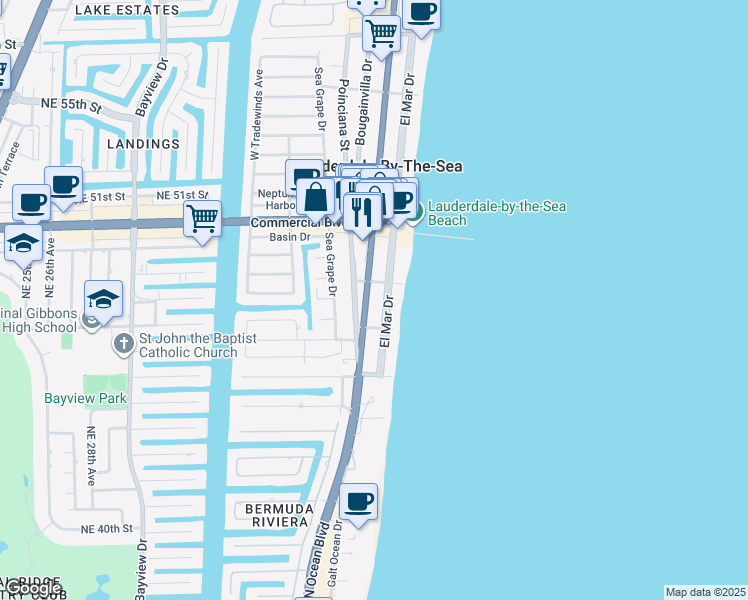 map of restaurants, bars, coffee shops, grocery stores, and more near 4229 North Ocean Drive in Lauderdale-by-the-Sea