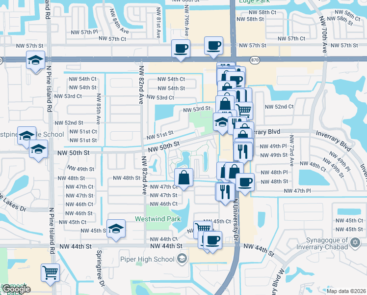 map of restaurants, bars, coffee shops, grocery stores, and more near 7940 Northwest 50th Street in Lauderhill
