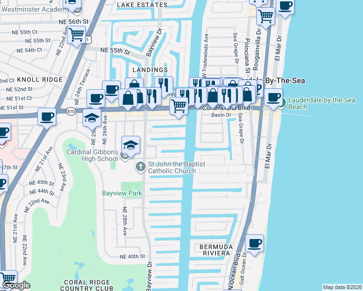 map of restaurants, bars, coffee shops, grocery stores, and more near 292 Trade Winds Avenue South in Lauderdale-by-the-Sea