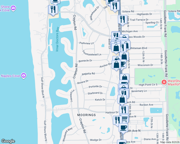 map of restaurants, bars, coffee shops, grocery stores, and more near 605 Regatta Road in Naples