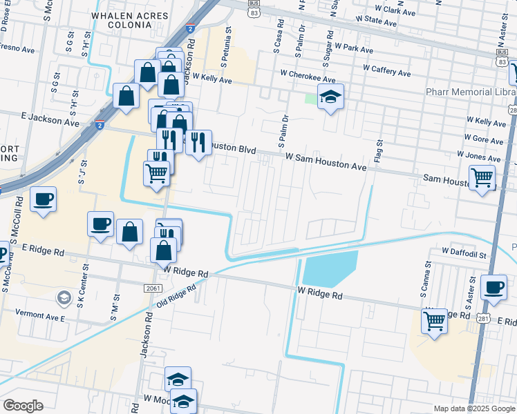 map of restaurants, bars, coffee shops, grocery stores, and more near 1102 South Casa Road in Pharr