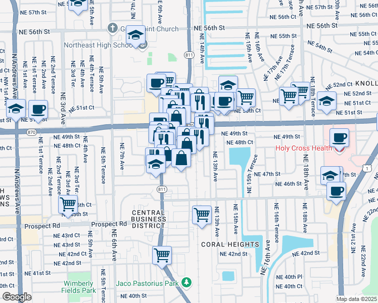 map of restaurants, bars, coffee shops, grocery stores, and more near 1072 Northeast 48th Court in Oakland Park