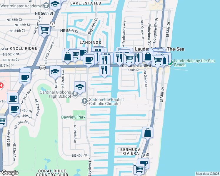 map of restaurants, bars, coffee shops, grocery stores, and more near 292 Trade Winds Avenue South in Lauderdale-by-the-Sea