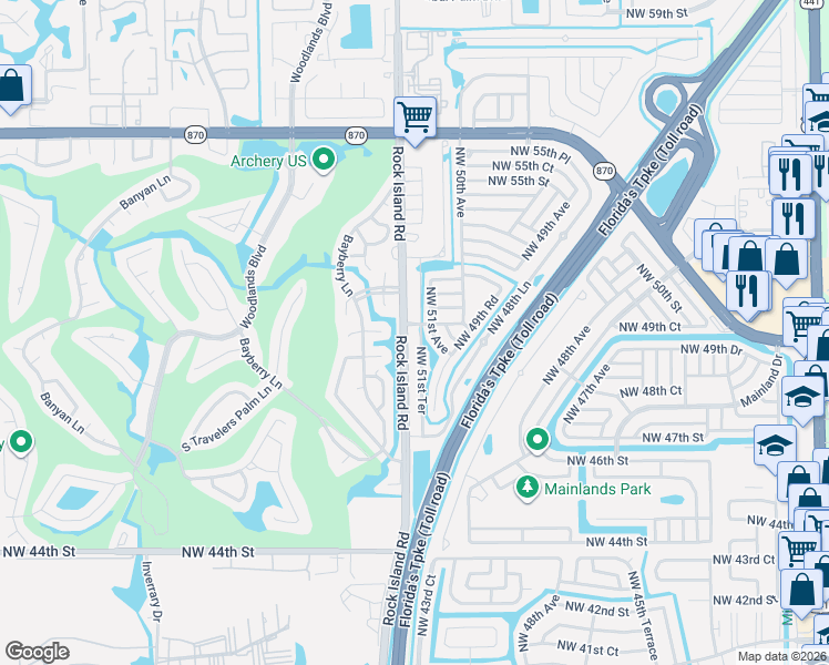 map of restaurants, bars, coffee shops, grocery stores, and more near 5200 East Palm Circle in Tamarac