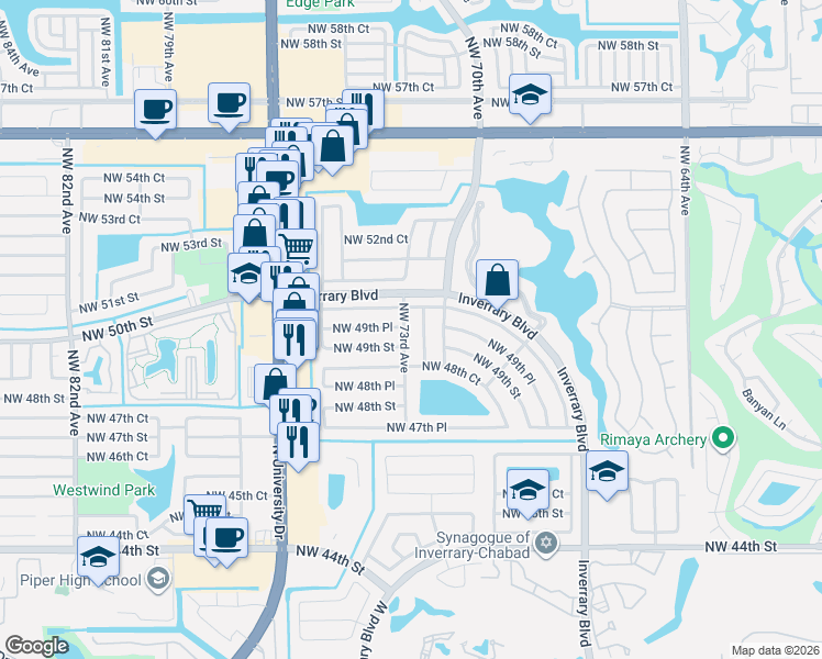 map of restaurants, bars, coffee shops, grocery stores, and more near 7315 Northwest 49th Place in Lauderhill