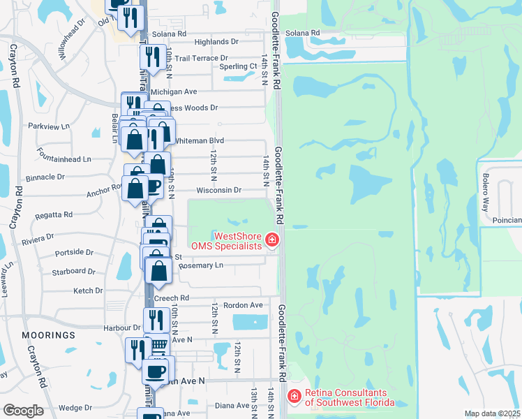 map of restaurants, bars, coffee shops, grocery stores, and more near 21 High Point Circle East in Naples